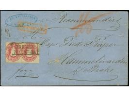 1 Gr. karmin mit Durchstich 10, zwei Einzelmarken mit schwarzem Rahmenstempel “BREMEN 8.11.” als tarifgerechte Mehrfachfranka