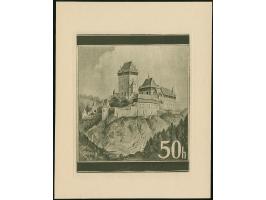 1939, Landschaften Burg Karlstein 50h., Entwurfszeichnung, schwarzer Druck auf Büttenpapier (128x161mm), aus dem Erinnerungsb