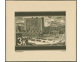 1939, Landschaften Schuhfabrik Bata, Zlin 3K., Entwurfszeichnung, schwarzer Druck auf Büttenpapier (132x115mm), aus dem Erinn