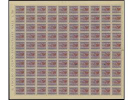 1944, Probedruck 30 auf 50 C. violett mit rotem statt schwarzen Aufdruck, im kompletten 100er-Bogen mit allen Rändern, senkre