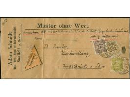 Korbdeckel 200 Mio. M., 500 Mio. M. und 1 Mrd. M. gezähnt jeweils mit Stempel “SAALFELD 10.11.23” auf Nachnahme-Muster ohne W