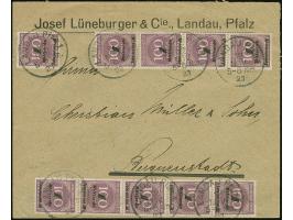 1 Mrd. auf 100 M. grauviolett im senkrechten 5er- und 4er-Streifen sowie Einzelmarke je mit Stempel “LANDAU 12.NOV.23” als ta