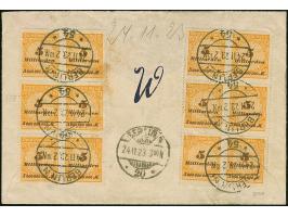 Korbdeckel 5 Mrd. M. gezähnt, zwei senkrechte 6er-Blocks mit Rohrpoststempel “BERLIN N54 24.11.23 2.10” als tarifgerechte Meh