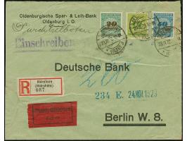 Korbdeckel 50 Mrd. M., 20 Mrd. M. und 10 Mrd. M. gezähnt je mit Stempel “OLDENBURG 23.11.23” als tarifgerechte Frankatur auf 