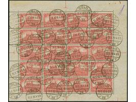 1 M. dunkelkarminrot gez. 26:17, kpl. Bogen mit 20 Werten und Platten-Nummer "5" im Unterrand, sauber entwertet "CÖLN 15.5.19