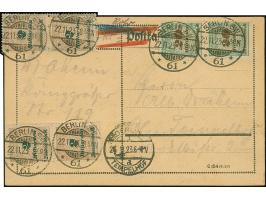 Korbdeckel 20 Mrd. gezähnt im senkrechten Paar und zwei senkrechte Paare 2 Mrd. M. gezähnt je mit Rohrpost-Stempel “BERLIN SW