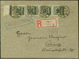 10 Mrd. auf 50 Mio. M. durchstochen mit Plattendruck-Oberrand “A” mit Aufdruck OPD Erfurt und drei Einzelmarken 10 Mrd. auf 5