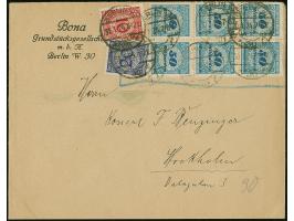 Korbdeckel 50 Mrd. M. gezähnt im senkrechten 6er-Block mit Stempel “BERLIN 30.1.24” auf Vordruckbrief, adressiert nach Stockh