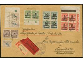 1923, 5 Mrd. auf 10 Mio. M. im Viererblock aus der rechten oberen Bogenecke mit Plattendruck-Oberrand und Überdruck der OPD F