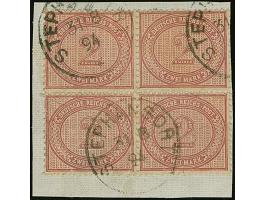 1890, 2 M. dunkelrotkarmin im angetrennten Viererblock mit Stempel “STEPHANSORT 31.8.94” auf Briefstück. Die linke untere Mar