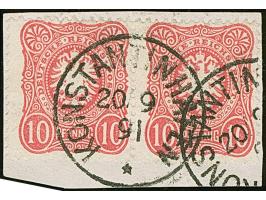 “KONSTANTINHAFEN 20.9.91” sehr klar auf waagerechtem Paar Vorläufer-Ausgabe 1888 10 Pfg. dunkelrosarot auf Briefstück. Die fa
