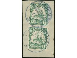 “OTJUNDAURA (DSWA) 1.11.13” zweimal recht klar und vollständig auf senkrechtem Paar Kaiseryacht 5 Pfg. mit Wasserzeichen auf 