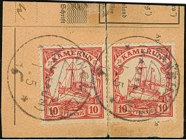 “SANGMELIMA (KAMERUN) 1.15.15” (Jahreszahl handschriftlich geändert von 14 in 15), zweimal klar auf zwei Marken Kaiseryacht 1