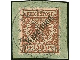 Diagonalaufdruck 50 Pfg. mit Stempel “PONAPE KAROLINIEN 9.1.01” auf Briefstück, in einwandfreier Erhaltung. Ein schönes Exemp