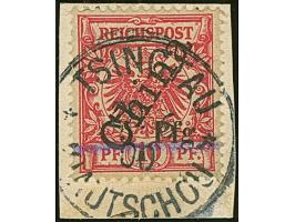 5 Pfg. auf Steilaufdruck 10 Pfg., Aufdrucktype 3b, mit Stempel “TSINGTAU KIAUTSCHOU ** 29.6.00” auf Briefstück in einwandfrei