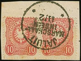 1889, 10 Pfg. dunkelrosarot im waagerechten Paar mit sehr klarem Stempel “JALUIT MARSHALL-INSELN 11.2” (ohne Jahreszahl 90" a