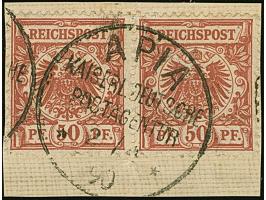 1890, Krone/Adler 50 Pfg. bräunlichrot (dunkelrosarot quarzend) im waagerechten Paar mit klarem Stempel “APIA KDPAg ** 2.4.90