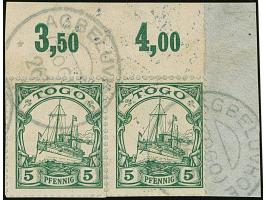 “AGBELUVHOE (TOGO) 26.5…” zweimal recht klar auf waagerechtem Oberrand-Paar Kaiseryacht 5 Pfg. mit Wasserzeichen auf Briefstü