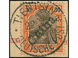 1900, Handstempel 30 Pfg. mit klarem Stempel “TIENTSIN DP *a 22.2.01” auf Briefstück. Die farbfrische Marke ist zum Teil übli