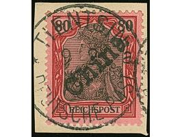 Handstempel 80 Pfg. mit klarem Stempel “TIENTSIN DP *a 9.2.01” auf Briefstück. Die farbfrische Marke ist in tadelloser Erhalt