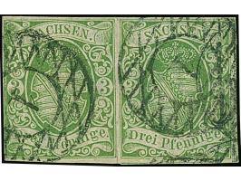 1851, 3 Pfg. gelblichgrün im waagerechten Paar, allseits knapp- bis überrandig je mit Nummer “1” (Hofpostamt Dresden). Das fa