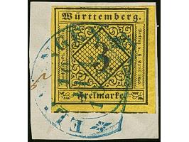 1851, 3 Kr. auf bräunlichgelb, Type III, farbfrisch und allseits voll- bis sehr breitrandig mit blauem Steigbügelstempel “HEL