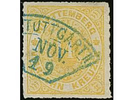 1869, 14 Kr. zitronengelb, sehr farbfrische Marke, allseits guter Durchstich, sauber mit blauem Fächerstempel “STUTTGART NOV.