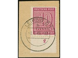 Ziffer 40 Pfg. dunkelrotlila mit Wasserzeichen 1Y, Unterrandstück mit Stempel “LEIPZIG 8.1.46” auf Briefstück, in tadelloser 