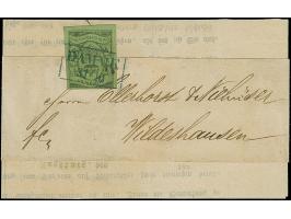 ⅓ Gr. auf grünoliv, farbfrisch, oben vollrandig, sonst dreiseitig sehr breitrandig im Schnitt mit klarem, blauen Rahmenstempe