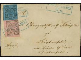 1 Gr. auf graublau, oben etwas angeschnitten, sonst voll- bis überrandig und 2 Gr. auf rosa, allseits breitrandig mit 3,5-4 m