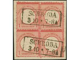 1 Gr. karmin mit Plattenfehler “Akzent über C in REICHS auf der 1. Strichleiste” (Feld 10) im Viererblock mit drei Normalmark