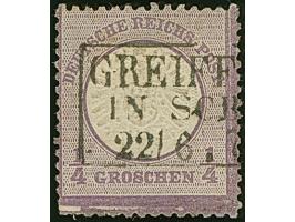 ¼ Gr. grauviolett mit Plattenfehler “helle Striche im Rahmen unten links” (Feld 141), mit klarem Rahmenstempel “GREIFF(ENBERG