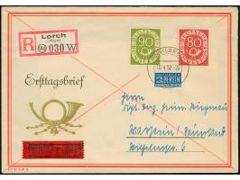 Posthorn 2-90 Pfg. komplett auf 6 FDC, die Hauptwerte auf gelaufenen R-Eilboten-Briefen