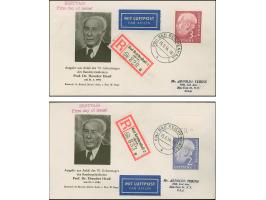 Heuß, 2 Pfg. – 3 M. kpl. auf 9 FDC, dabei die beiden Hauptwerte und einige weitere als R-Briefe in die USA, mit Ankunftsstemp