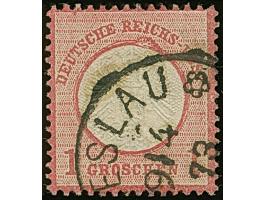 1 Gr. karmin im kleinen Format L15 mit Plattenfehler “Beule am Kreis unter REICHS” (Feld 150) und Prägefehler rechts unten am