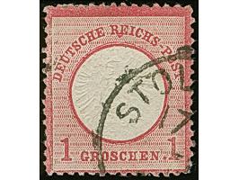 1 Gr. karmin mit Plattenfehler “tropfenförmiger Punkt hinter Groschen”, sauber gestempelt, die farbfrische Marke ist erkennba