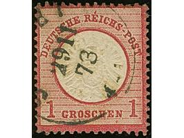 1 Gr. karmin mit Plattenfehler “Akzent auf E in REICHS” (Feld 96), sauber gestempelt, die farbfrische Marke ist deutlich gepr