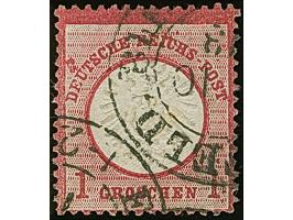 1 Gr. karmin mit Plattenfehler “Akzent über C in REICHS, Farbflecke über U in DEUTSCHE und I in REICHS, Farbpunkt rechts nebe