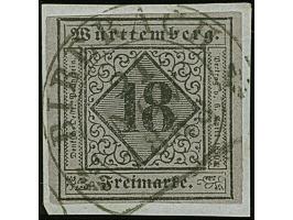 18 Kr. auf bläulichviolett, Type I, sehr farbfrisch und allseits voll- bis breitrandig mit praktisch kpl. Steigbügelstempel “