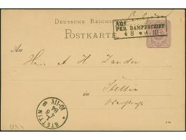 1884, “AUS…(Lubzin)…PER DAMPFSCHIFF 4.8.(84)” sehr klar auf Ganzsachenkarte 5 Pfg. mit Text nach Stettin mit vorderseitigem A