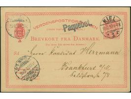 1897, “Paquebot”, schwarzer L1 als Nebenstempel auf dänischer Ganzsachenkarte 10 Öre mit Stempel “KIEL 10.12.97” nach Frankfu
