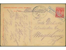 “DSP LINIE BREMEN-LA PLATA a 8.2.14” klar als Nebenstempel auf Ansichtskarte des Norddeutschen Lloyd mit Brasilien 100 R. ros