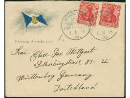 “DSP LINIE HAMBURG-PHILADELPHIA III 1.11.13” zweimal klar auf zwei Einzelmarken Germania 10 Pfg. auf Vordruckbrief der “Hambu