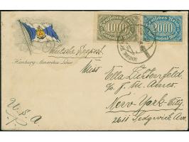 “DSP HAMBURG-AMERIKA LINIE 29.8.23” (D. Toledo) aptierter Stempel zweimal recht klar auf Ziffer 1000 und 2000 M. auf Vordruck