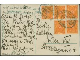 “DSP LINIE HAMBURG-SÜDAMERIKA XXXIII 24.11.22” (D. General San Martin) zweimal klar auf fünf Einzelwerten Posthorn 5 M. auf F