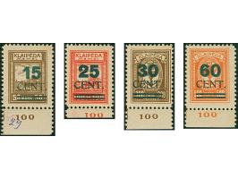 1923, Grünaufdruck 15-60 Cent., Aufdrucktype II “dicke Ziffern”, einheitliche Unterrandstücke von Feld 100, sauber ungebrauch