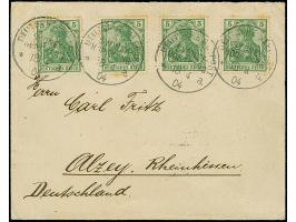 “DSP SYDNEY-HONGKONG *a 18.,4.04” (D. Medan), viermla klar auf vier Einzelmarken Germania 5 Pfg. als tarifgerechte Mehrfachfr