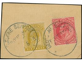 “DSP BOMBAY-LINIE*d 4.6…” zweimal etwas undeutlich, aber wohl ohne Jahrezahl auf Indien 6 A. und 1 A. auf Briefstück, in einw