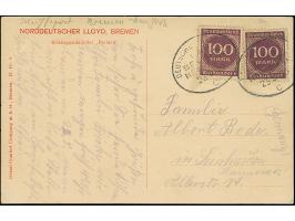 “DSP LINIE BREMEN-NEW YORK c 23.5.23” zweimal recht klar auf zwei Einzelmarken Ziffer 100 M. auf Schiffspostkarte “D. Bremen”