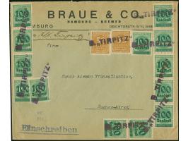 “D. TIRPITZ” violetter L1 als Entwertert, mehrfach auf Firmenvordruck-Brief “Braue &amp; Co.” auf zwei Einzelmarken Ziffer 50